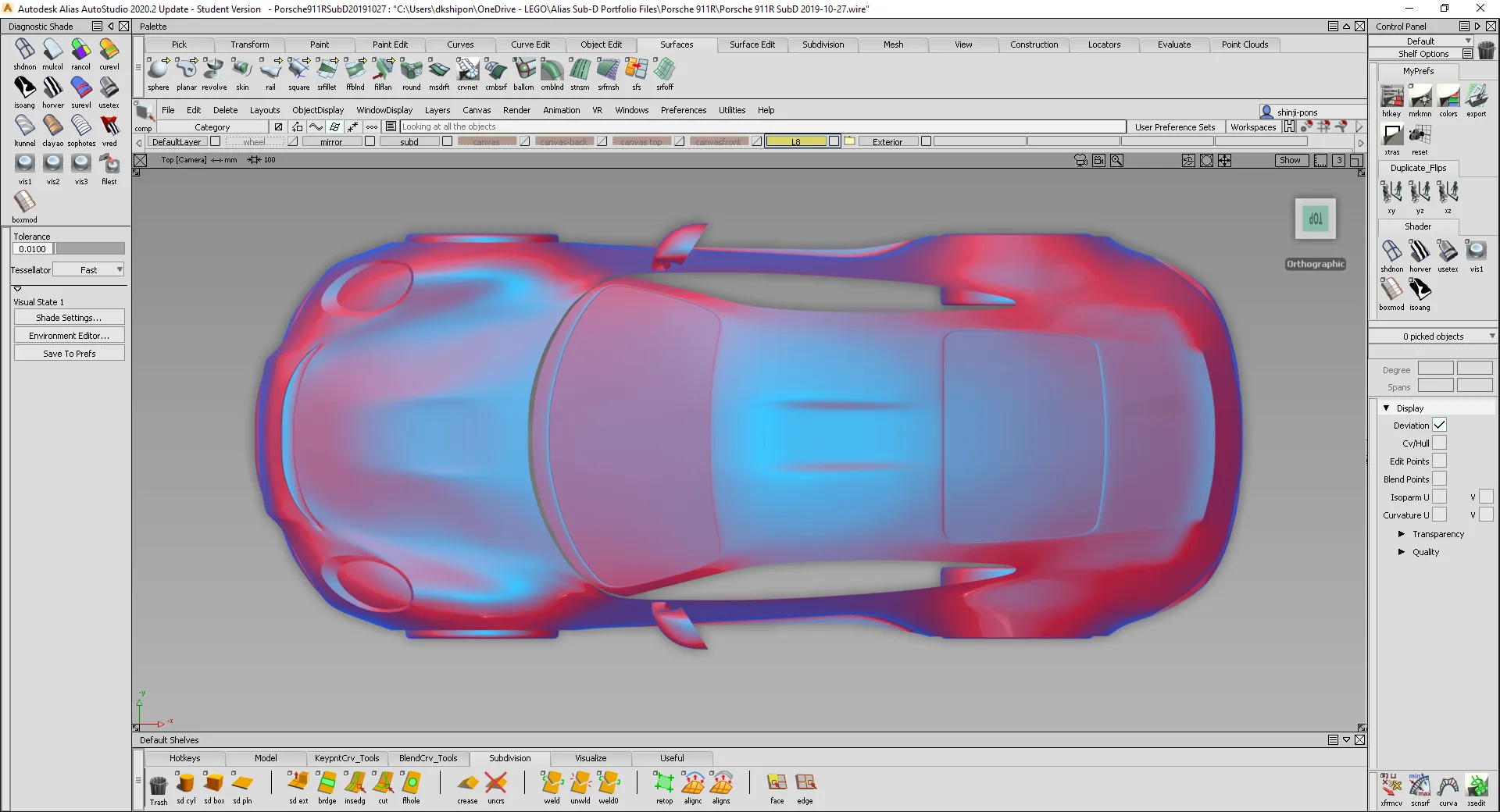 Top view of the Porsche 911 subdivision model in Alias, shaded in red and blue diagnostic colours