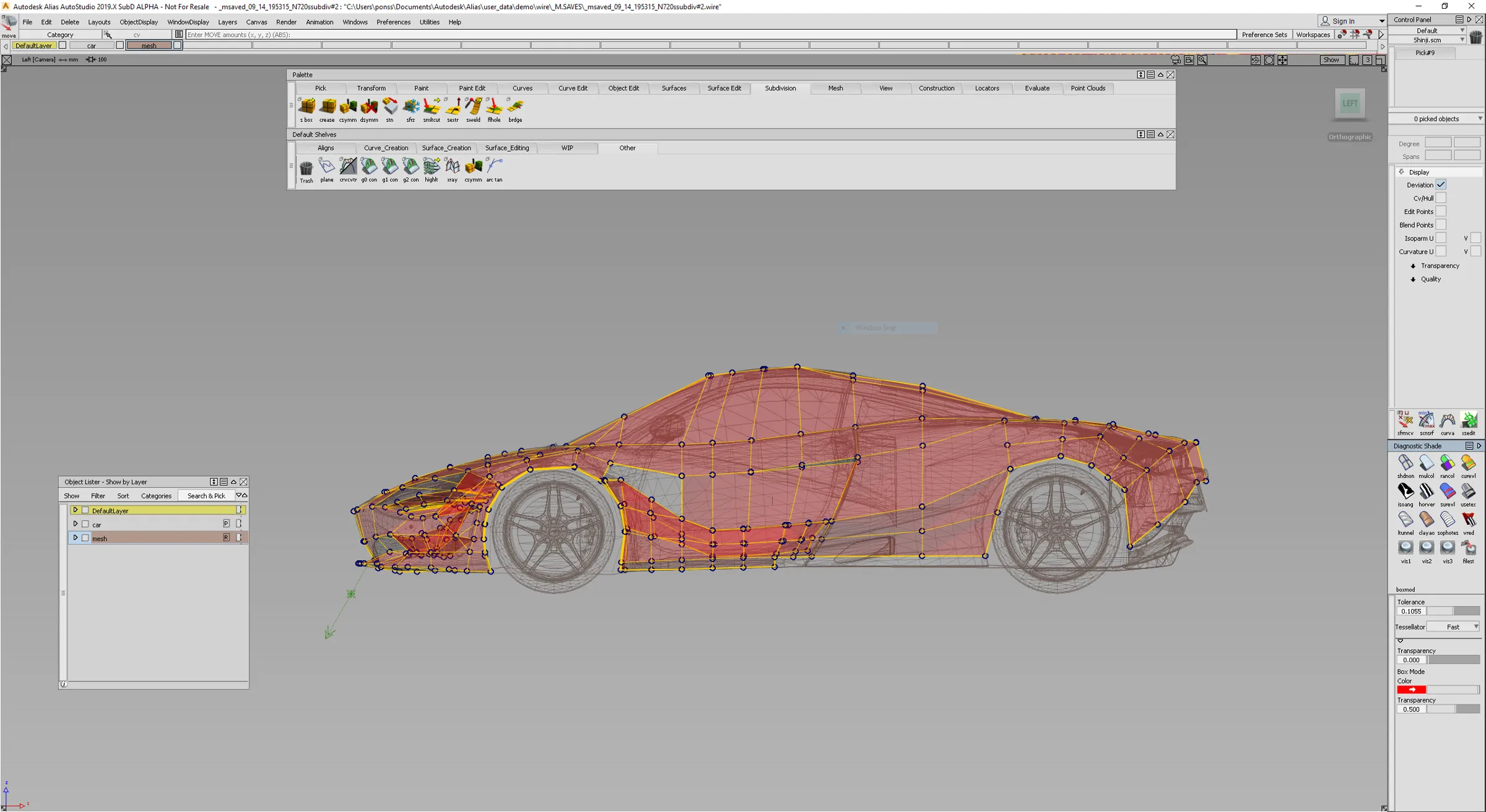 Side view of a supercar in Alias with a red subdivision control cage over a wireframe model, beside the Object Lister