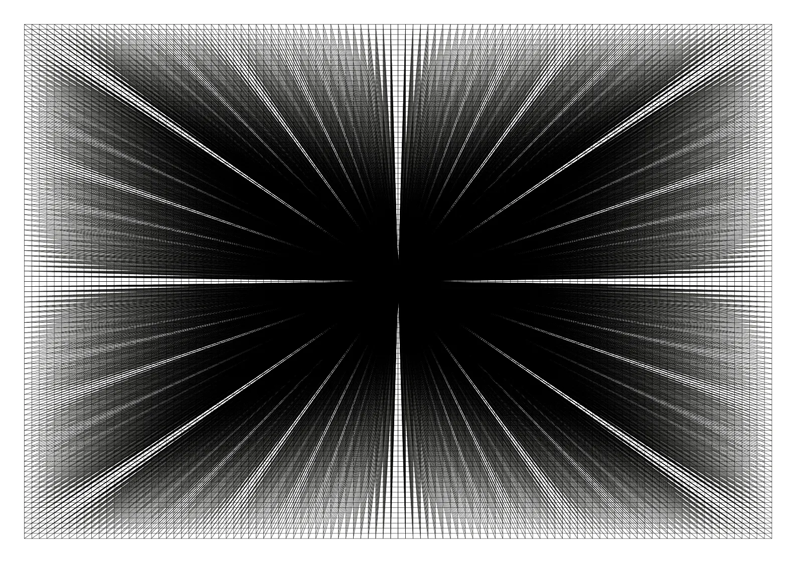 Black grid of fine lines distorted into a burst radiating from a dense black centre, on white