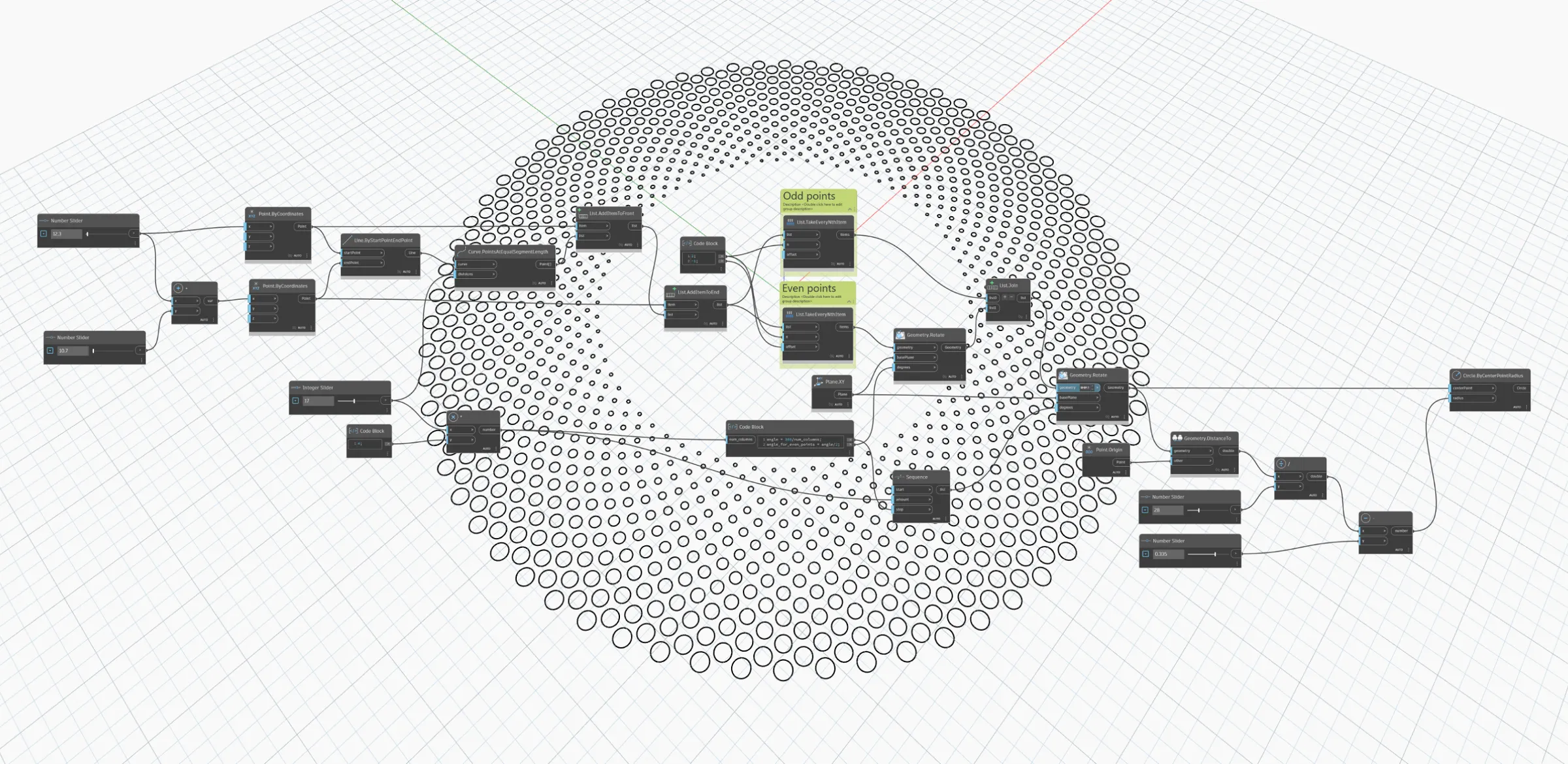 Dynamo node graph of sliders, code blocks and list nodes over a radial pattern of hundreds of black circles