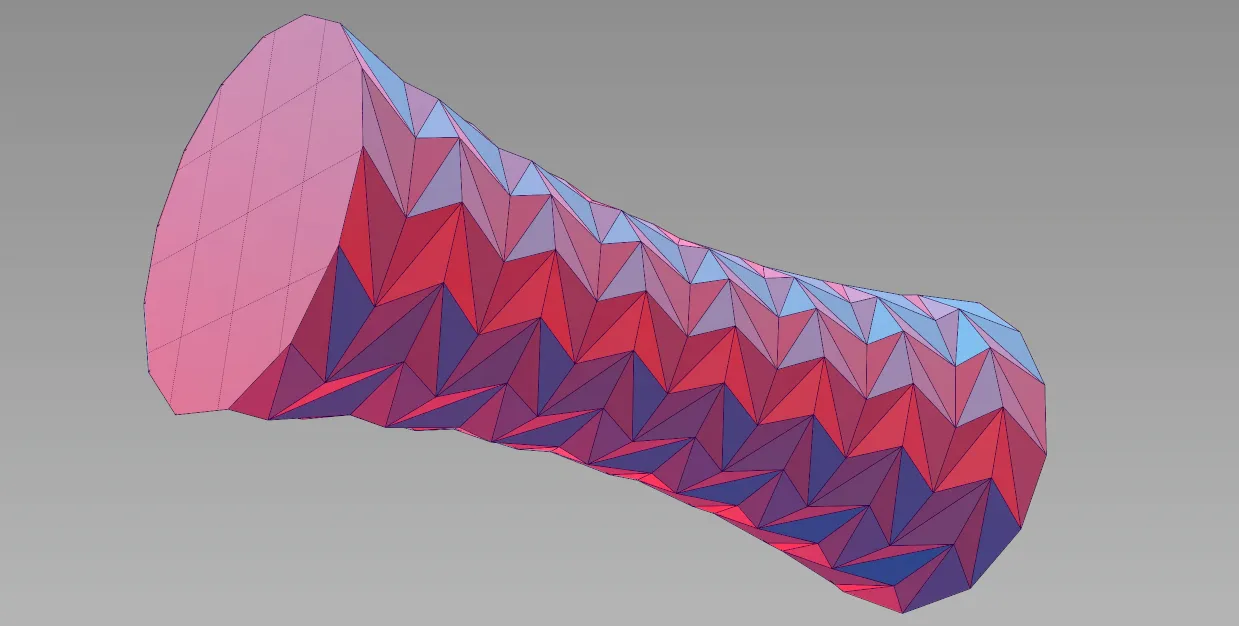 Pink and blue faceted tube made of folded triangles, narrowing in the middle, on a grey background