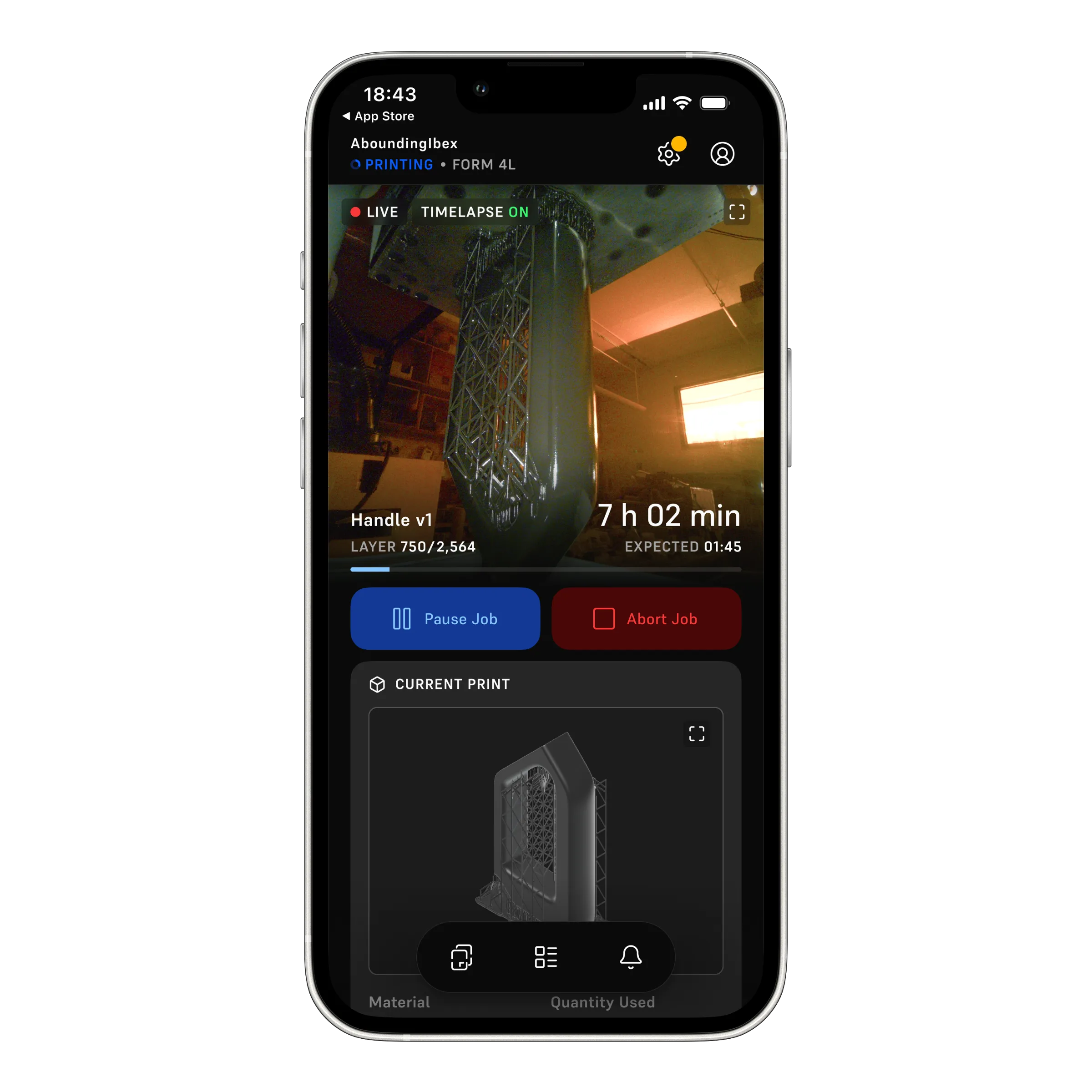 iPhone showing a mobile app for a Form 4L 3D printer mid-print: a live camera view of a tall lattice-supported part, 'Handle v1' at layer 750 of 2,564 with 7 h 02 min remaining, Pause Job and Abort Job buttons, and a 3D preview of the current print