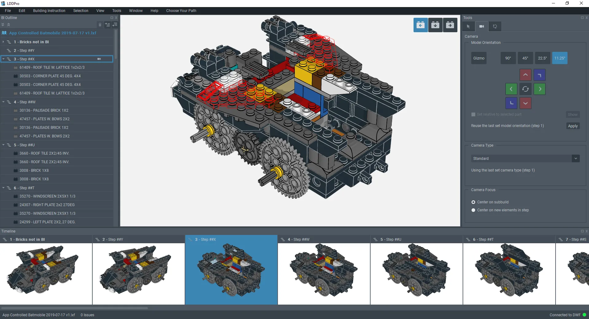 LEGO Digital Designer Pro showing a step-by-step building instruction for a dark LEGO Batmobile, with the model outline on the left, the current step in the viewport and a timeline of build steps along the bottom