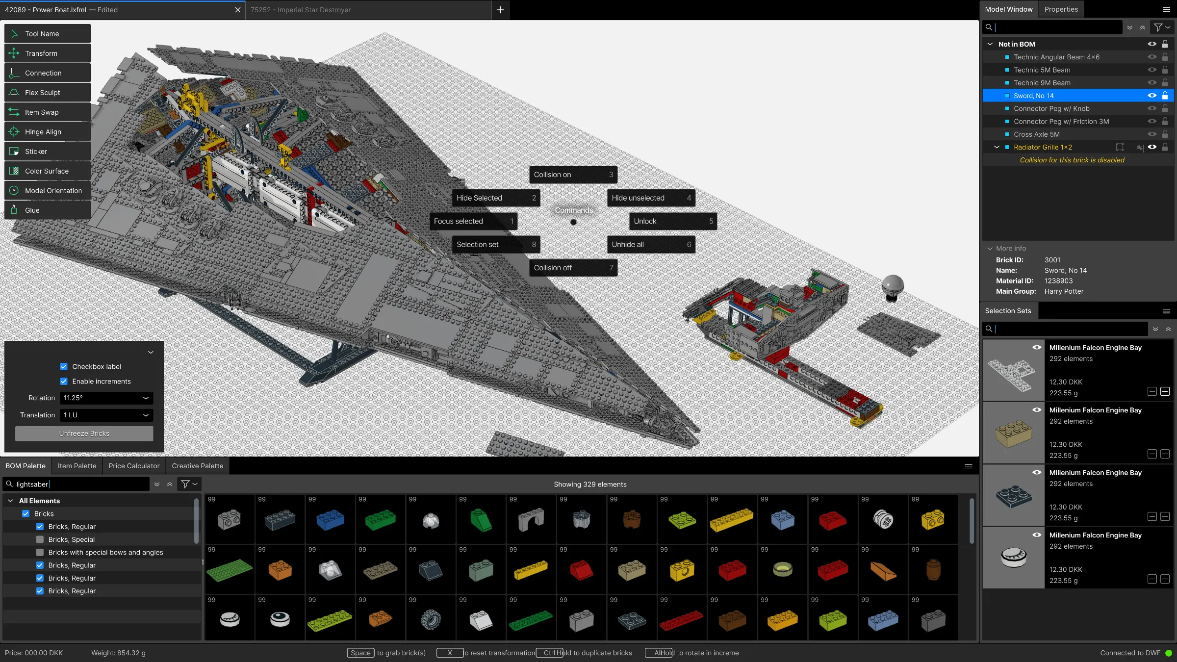 LEGO Digital Designer Pro showing a large grey LEGO Star Destroyer model, with a radial menu of selection commands, a brick palette along the bottom and the bill of materials on the right