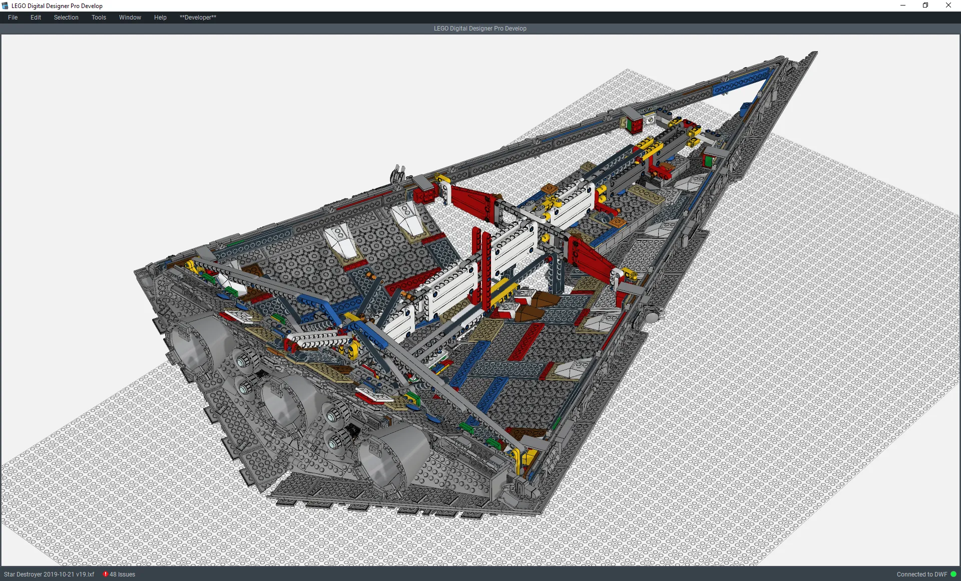 View of the internal structure of a LEGO Star Destroyer model in LEGO Digital Designer Pro, on a baseplate grid