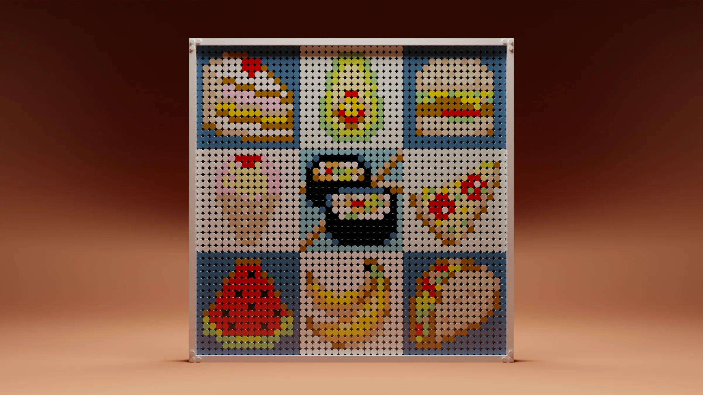 Render of a LEGO mosaic of nine food illustrations, including cake, avocado, burger, ice cream, sushi, pizza, watermelon, banana and taco, in a clear frame on a warm brown background