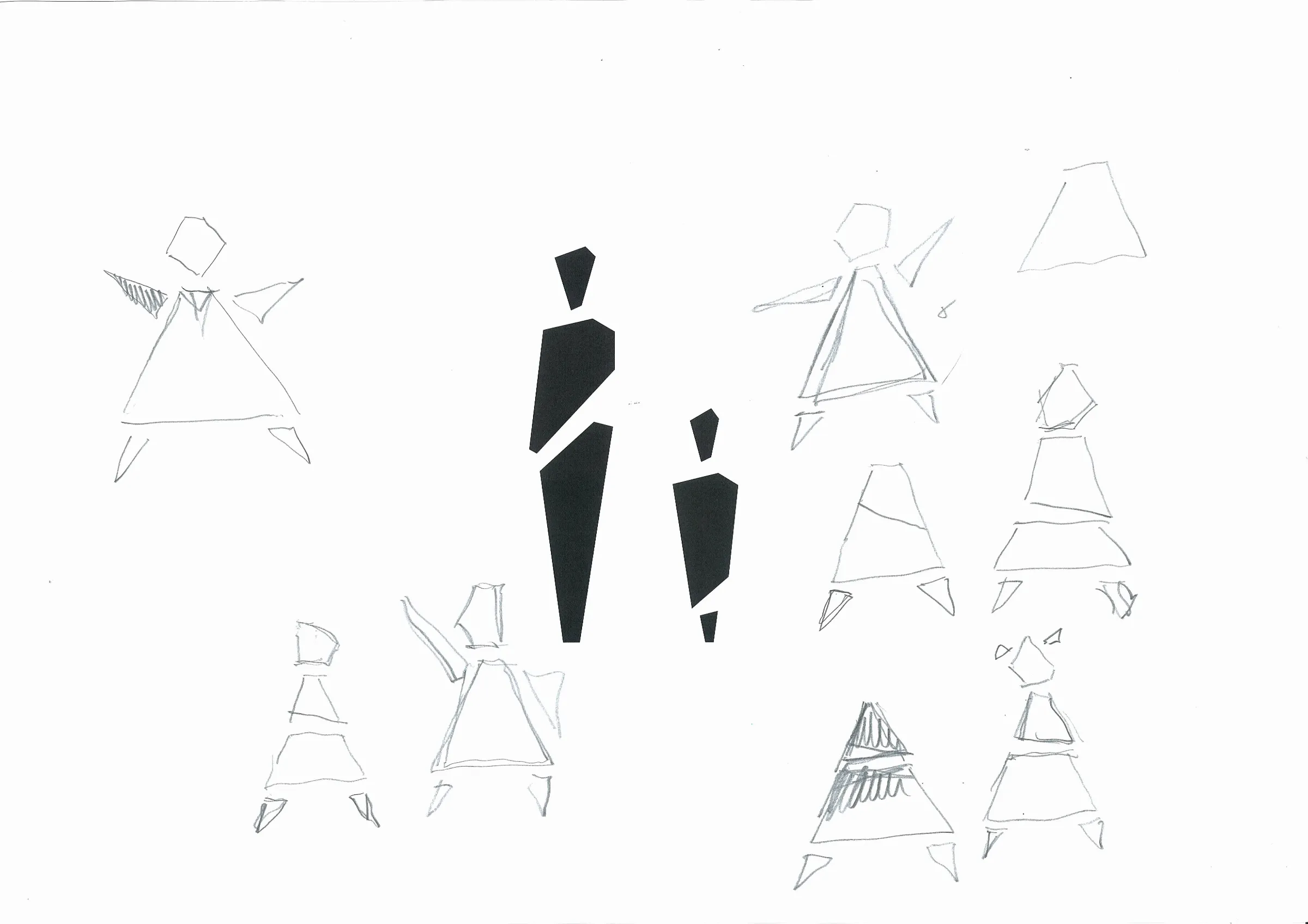 Pencil sketches of angular pictogram figures around two finished black adult and child figures