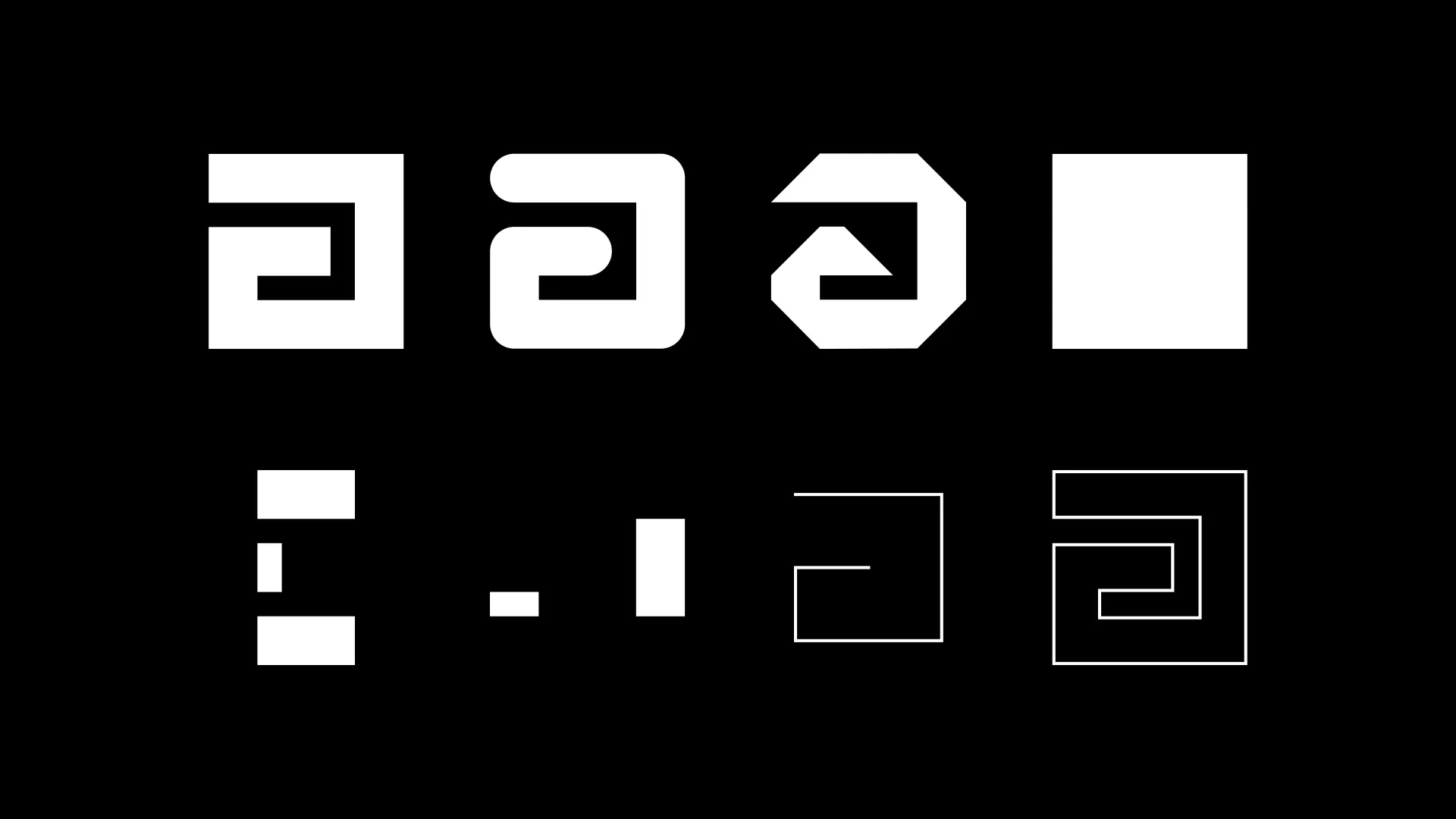 Seven white Modulo shapes on black: three variants of the letter 'a' (square, rounded and chamfered), a solid square, and its separate component pieces and outlines