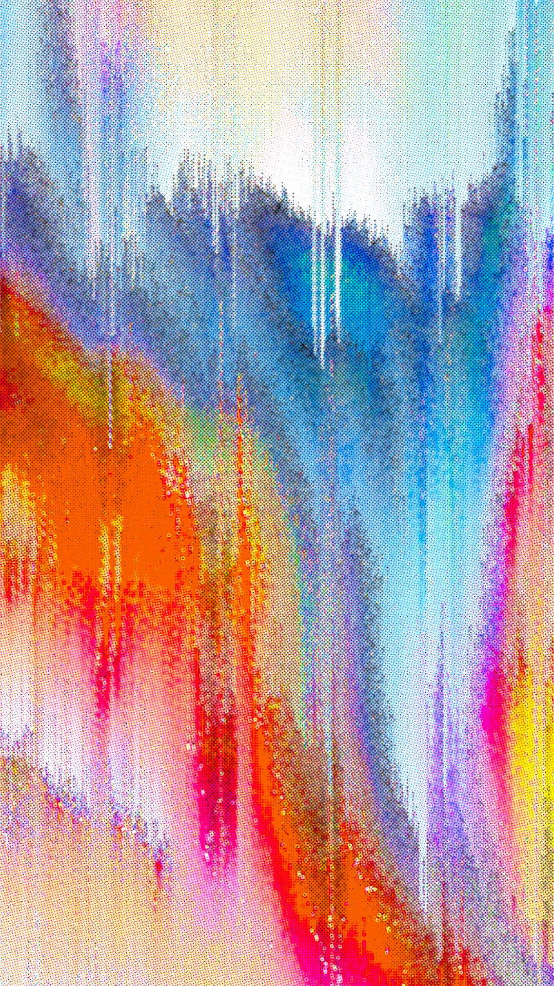 Vertical abstract image of orange, red, blue and yellow halftone colour smeared into vertical drips on a pale background