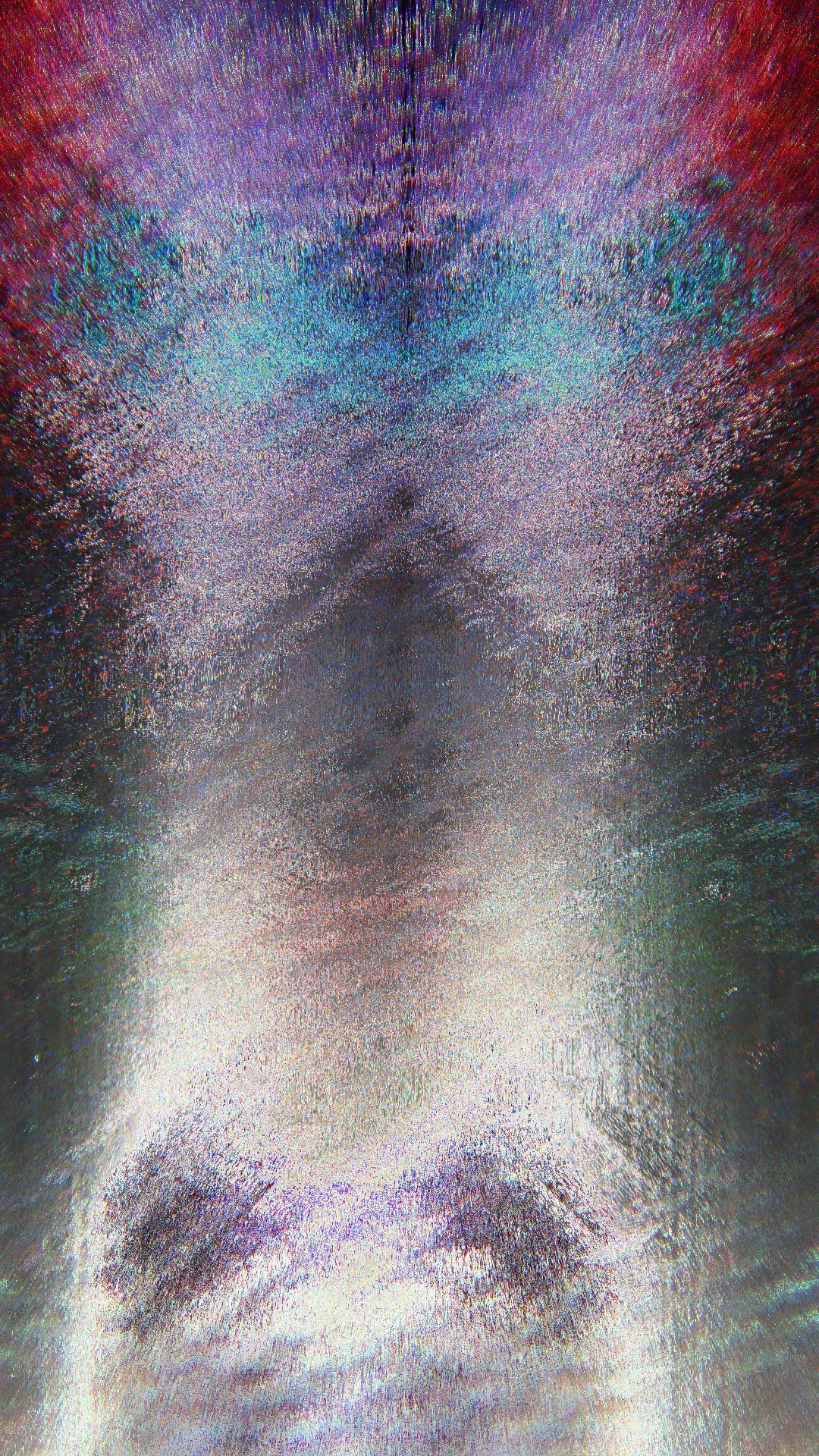 Vertical, mirror-symmetrical abstract image of fine purple, teal and red noise that fades to grey and white toward the bottom