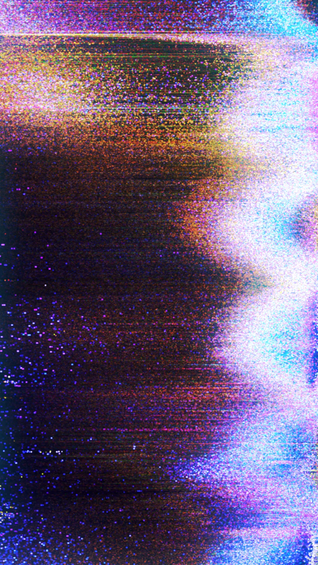 Vertical image of a dark, speckled field of purple and orange pixel noise that blooms into bright white and cyan on the right edge