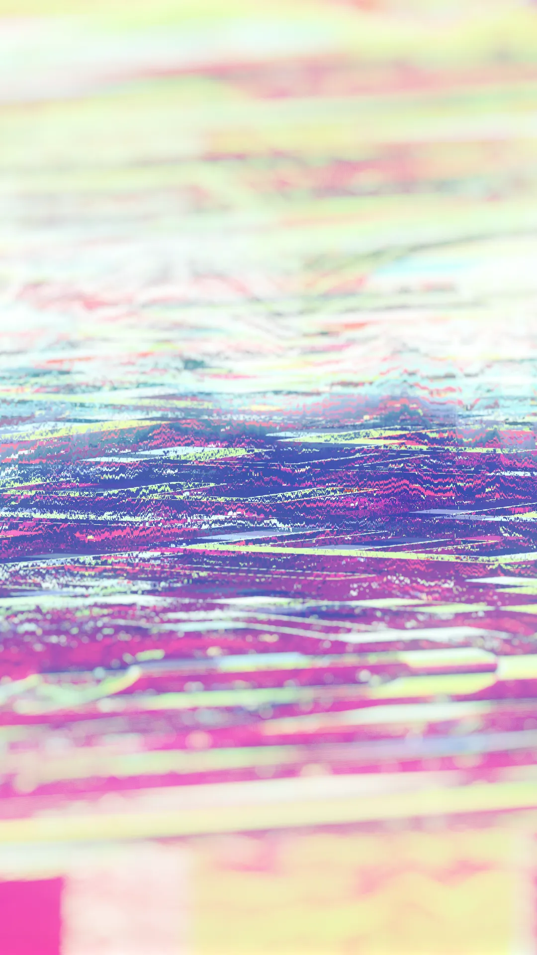 Vertical image of horizontal glitched waves in pink, purple and acid green, sharp in the middle and blurred toward the top and bottom