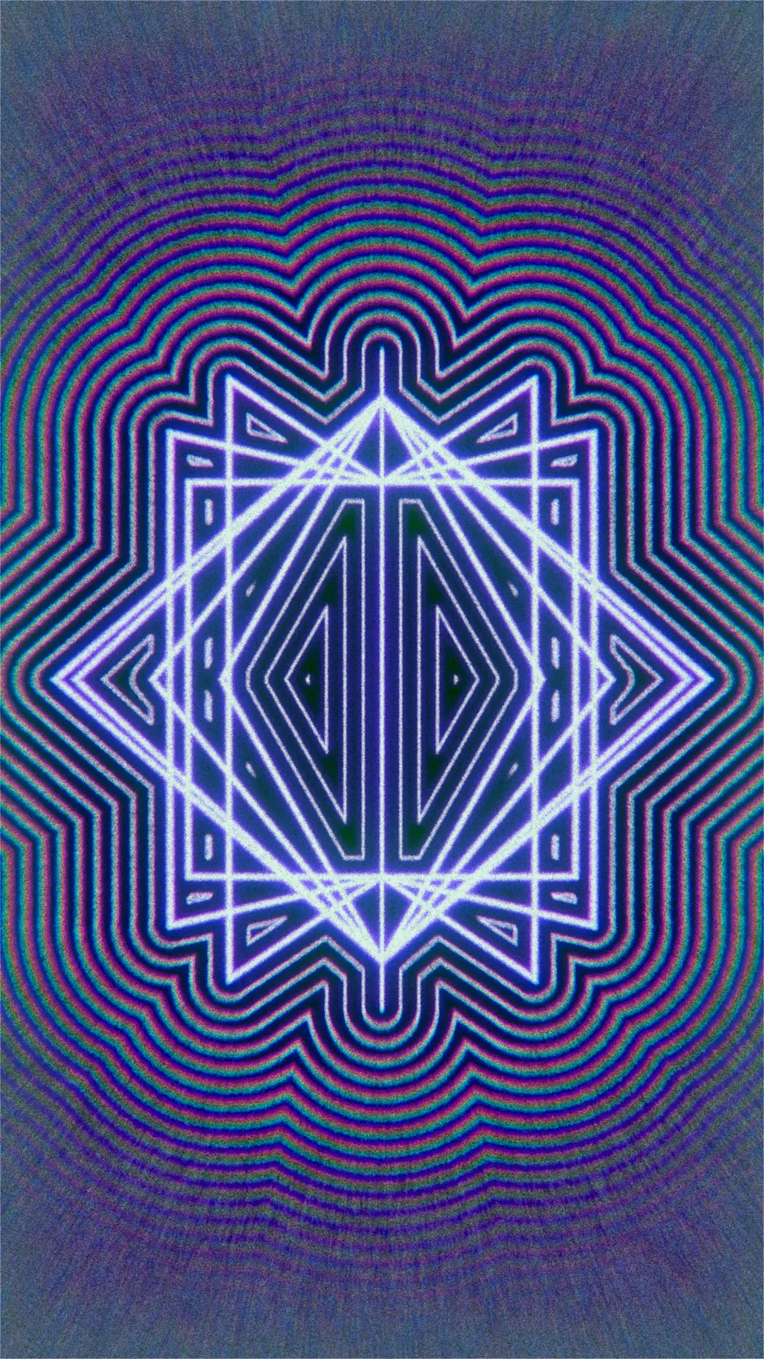 Vertical image of a glowing white and violet geometric star made of overlapping diamonds, with rippling teal, magenta and purple outlines around it, on a grainy blue-grey background
