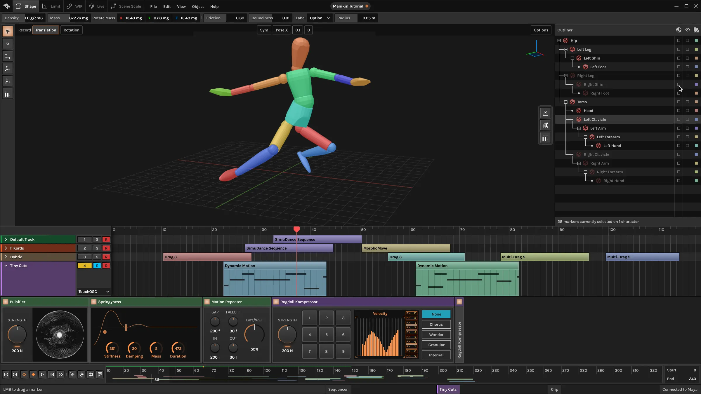 Ragdoll with a posed mannequin, a clip timeline and effect panels for pulsifier, springyness, motion repeater and kompressor