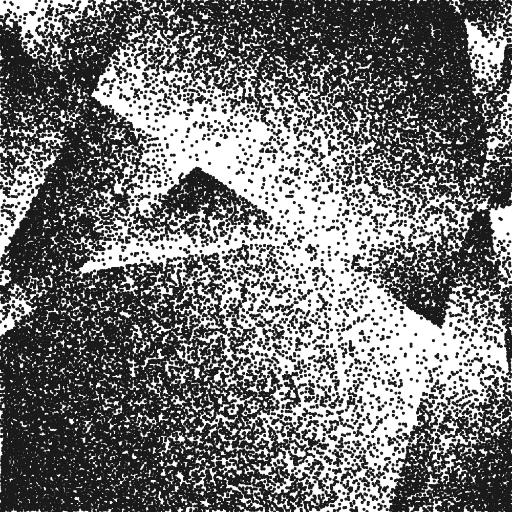 Black dots densely stippled on white, forming angular overlapping shapes